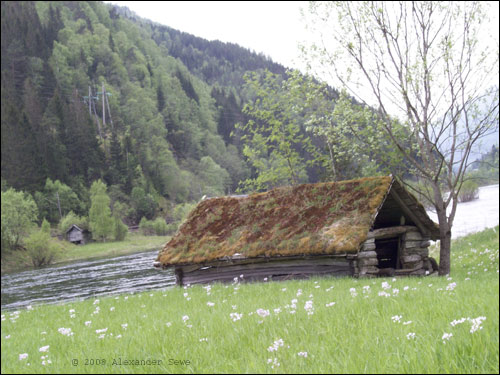 Hut with grass roof near river